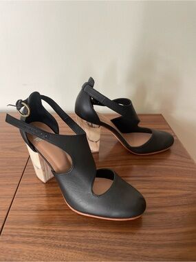 FORTRESS OF INCA Black Leather Cutout Block Heel Pumps with Marbled Heel